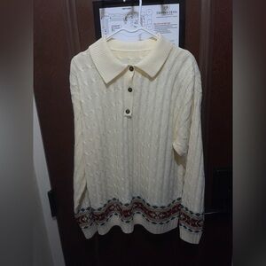 Cream Cable-Knit Polo Sweater with Patterned Hem